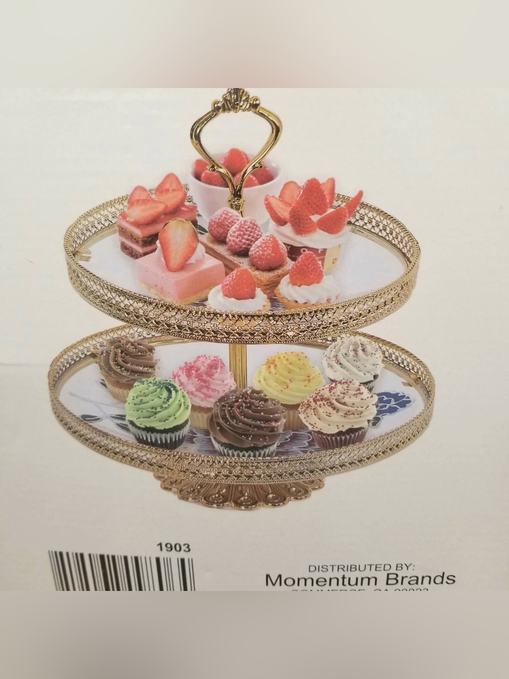 NWT’s 2-Tiered Glass Cake / Cupcakes Platter - Gold Tone Trimming - Picture 5 of 5